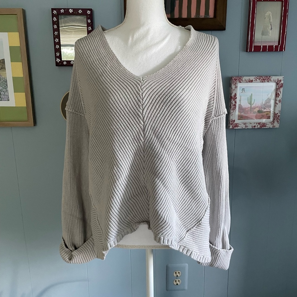 Free People Light Gray Ribbed Knit Sweater